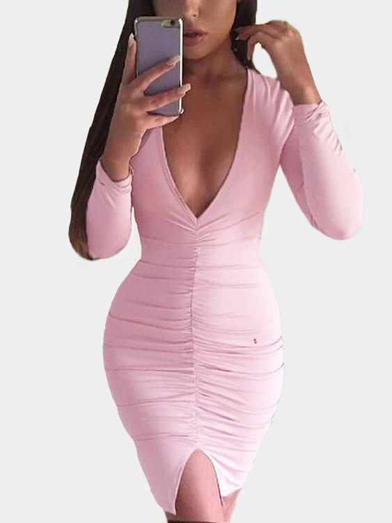 Pink V-Neck Long Sleeve Pleated Slit Bodycon Mini Dress