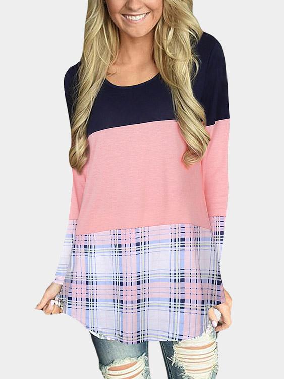 Round Neck Grid Lace Long Sleeve Stitching Hem T-Shirts
