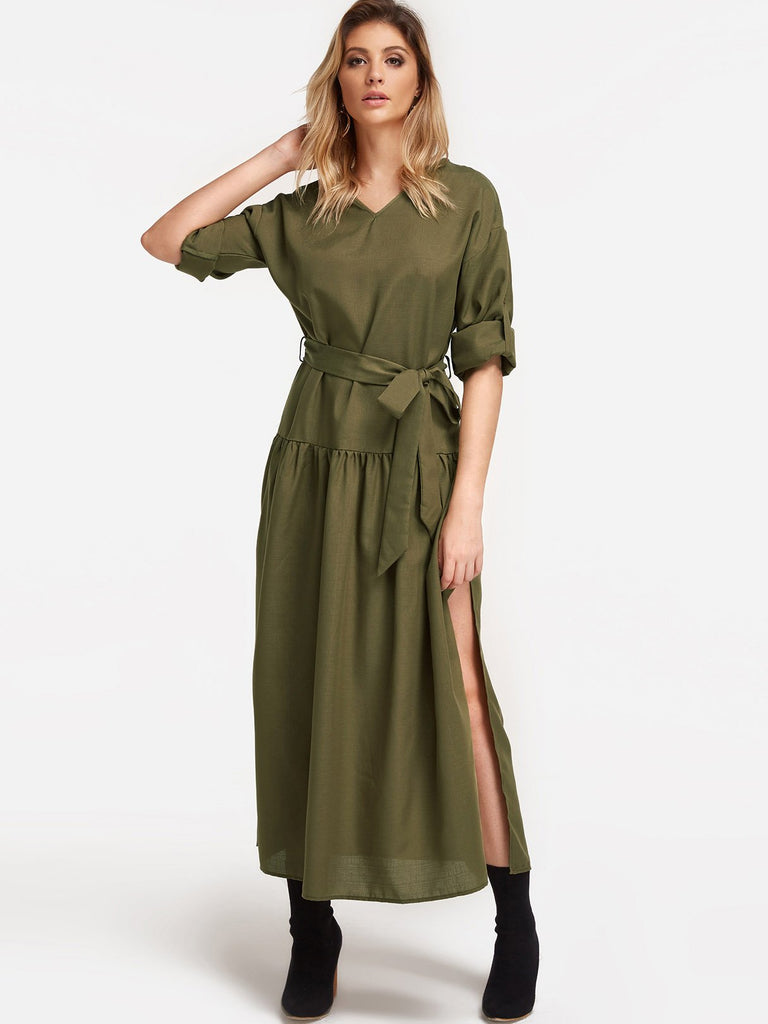Green V-Neck Long Sleeve Belt Slit Hem Maxi Dress
