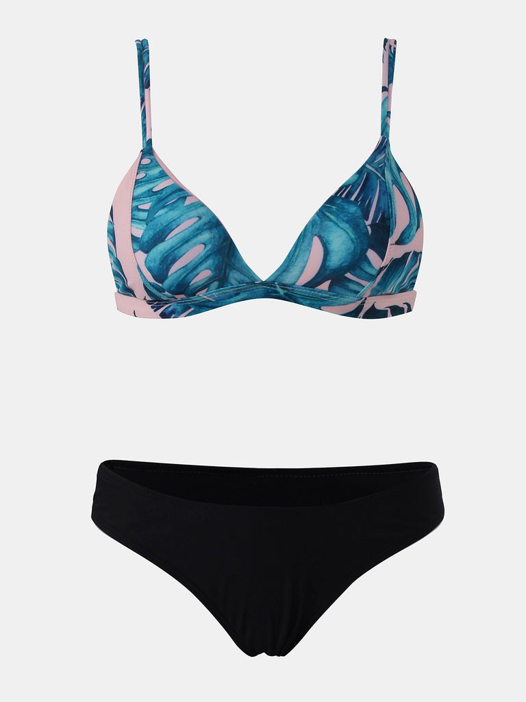 Black V-Neck Sleeveless Printed Backless Two Piece Bikinis