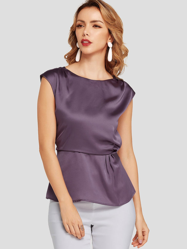 Round Neck Plain Zip Back Short Sleeve Purple T-Shirts