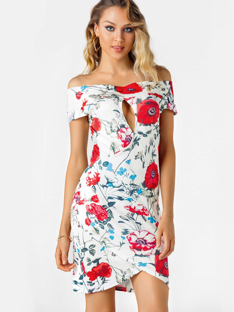 Off The Shoulder Short Sleeve Floral Print Crossed Front Backless Cut Out Mini Dress
