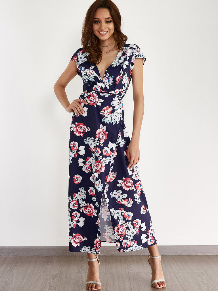 Navy Deep V Neck Short Sleeve Floral Print Slit Hem Maxi Dress