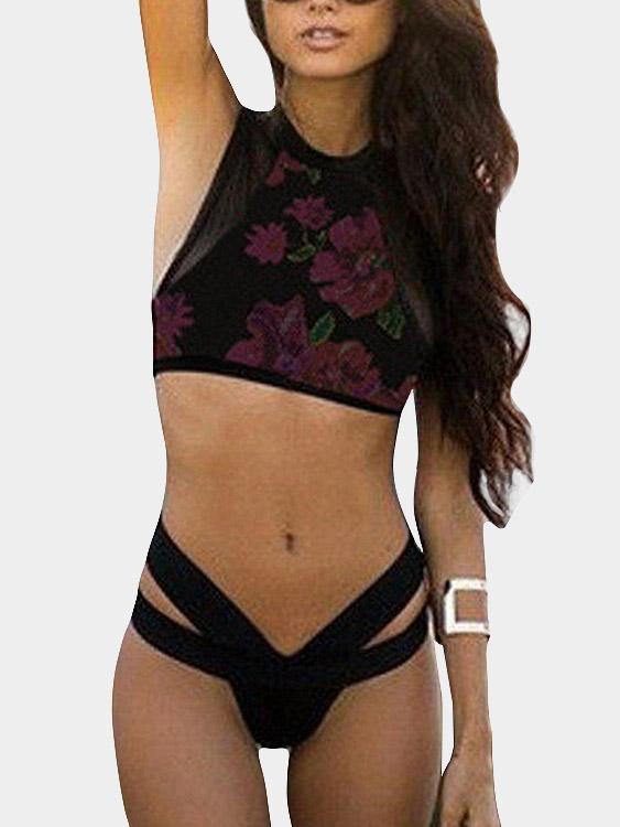 Halter Sleeveless Floral Print Zip Back Two Piece Bikinis