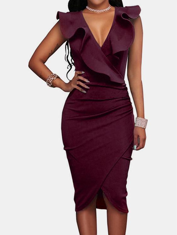 Blue V-Neck Sleeveless Plain Crossed Front Wrap High-Waisted Dresses