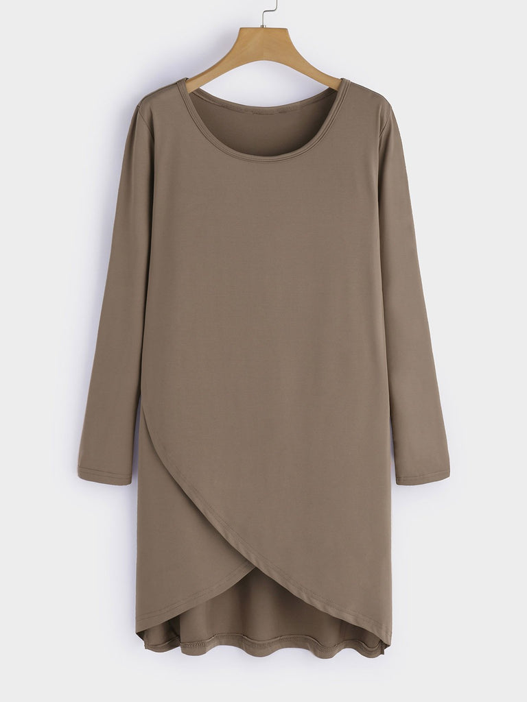 Khaki Round Neck Long Sleeve Plain Crossed Front Midi Dress