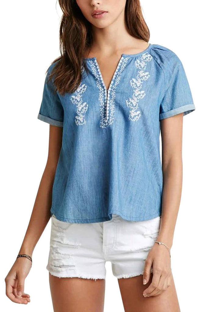 Embroidery V Neck Pleated Blue T-Shirt