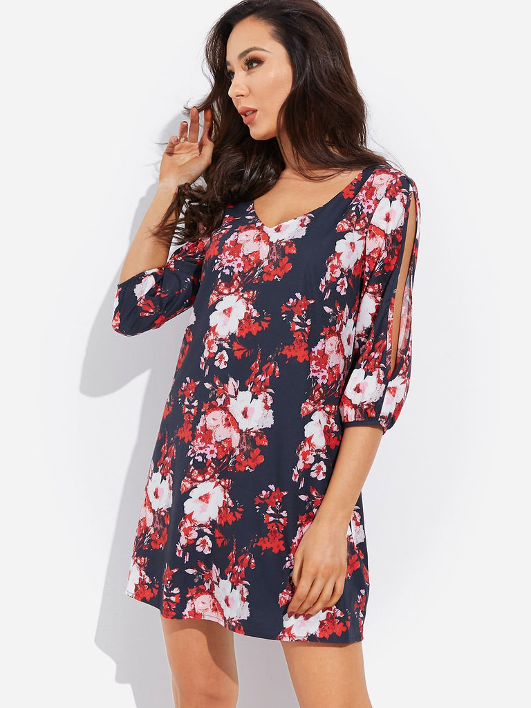 Navy V-Neck 3/4 Length Sleeve Floral Print Cut Out Dresses