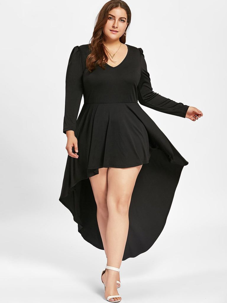 V-Neck Plain Long Sleeve Irregular Hem Black Plus Size Dress