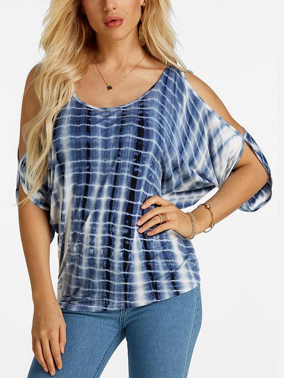 Scoop Neck Cold Shoulder Cut Out Tie-Up Short Sleeve Blue T-Shirts