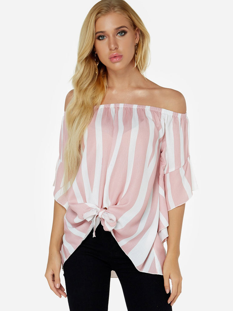Off The Shoulder Stripe Lace-Up Half Sleeve Pink Top
