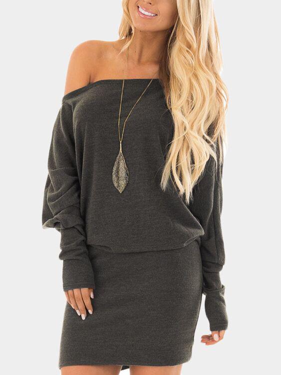 Grey Off The Shoulder Long Sleeve Plain Bodycon Mini Dresses