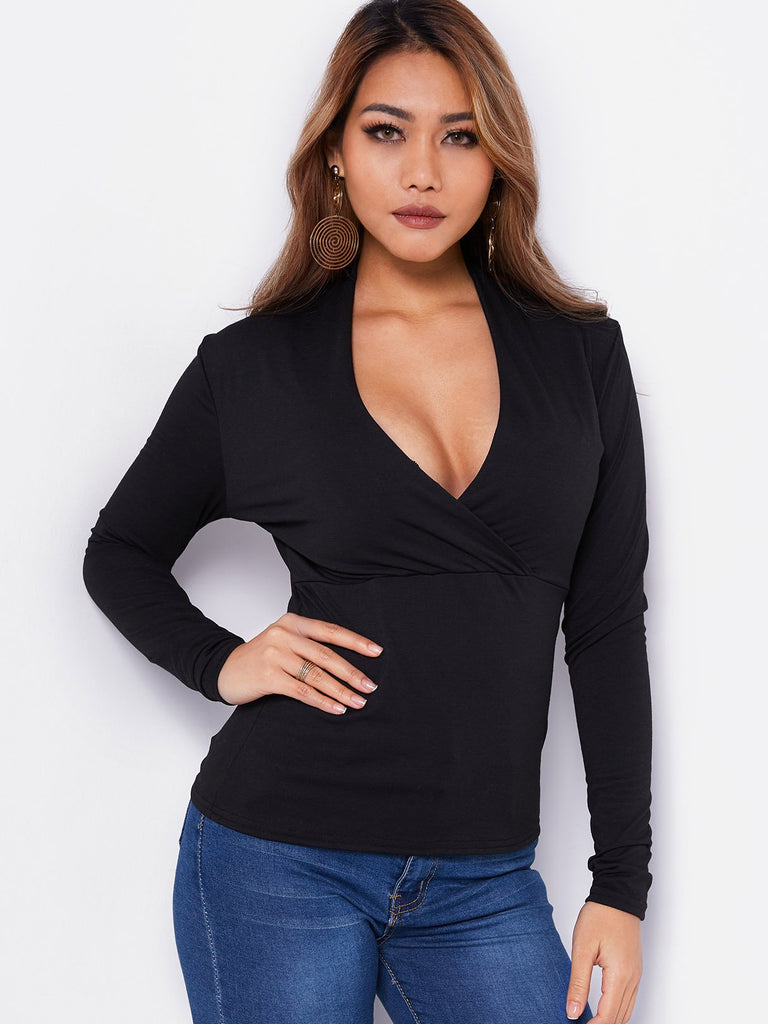 V-Neck Crossed Collar Plain Long Sleeve Black T-Shirts