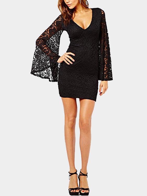 Long Sleeve Lace Flare Sleeve Sexy V-Neck Mini Dresses