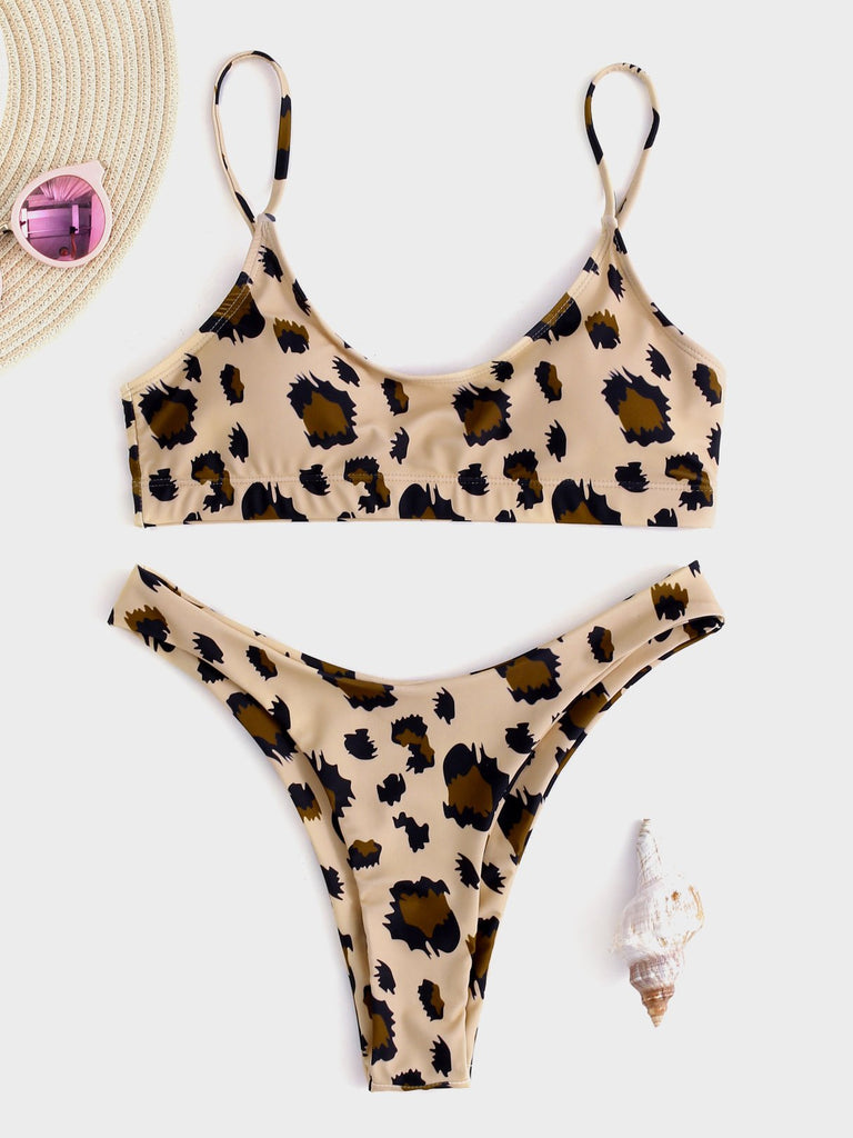 V-Neck Leopard Sleeveless High-Waisted Bikini Set