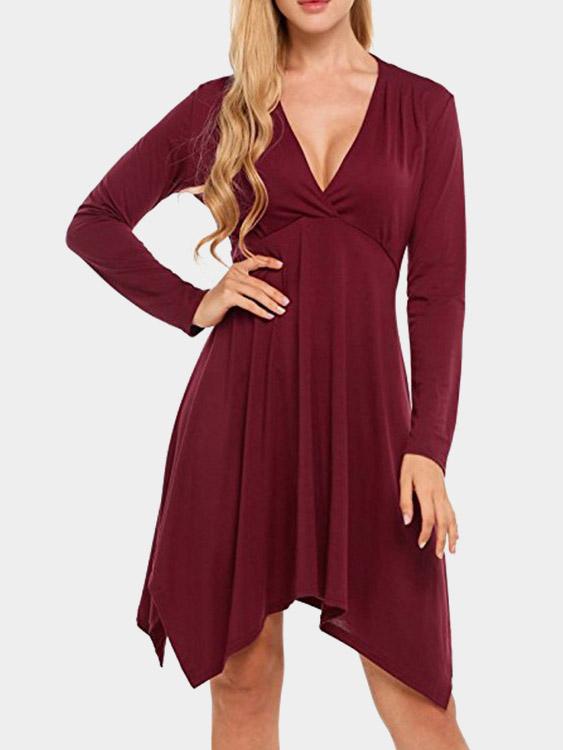 Deep V-Neck Wrap Long Sleeve Irregular Hem Burgundy Dresses