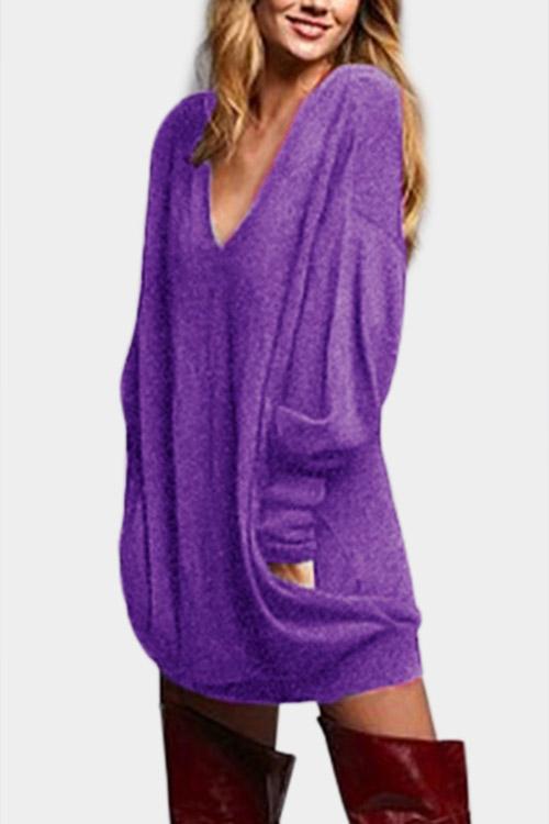Purple V-Neck Long Sleeve Shirt Dress