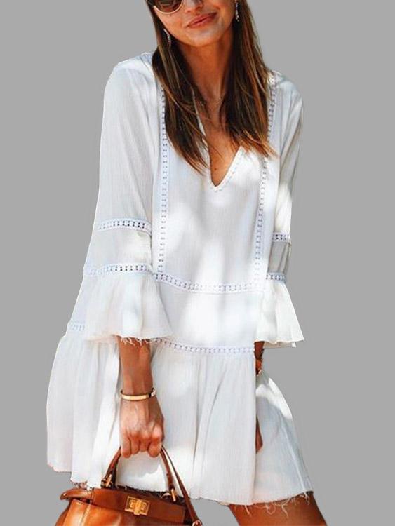 White V-Neck 3/4 Length Sleeve Ruffle Hem Mini Dresses