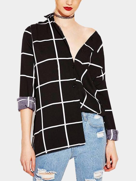 V-Neck Grid Long Sleeve Black Blouses