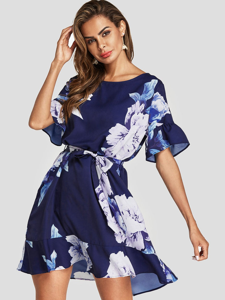 Navy Round Neck Short Sleeve Floral Print Belt Self-Tie Ruffle Hem Dresses