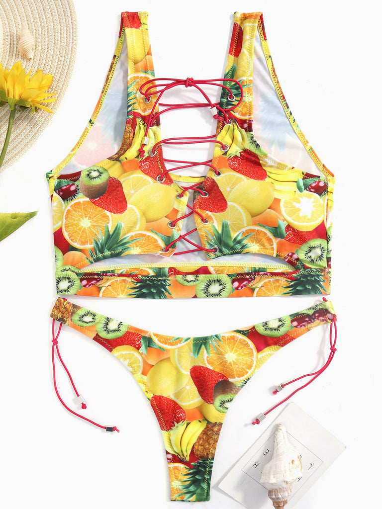 Scoop Neck Sleeveless Printed Crossed Front Lace-Up Cut Out Bikinis