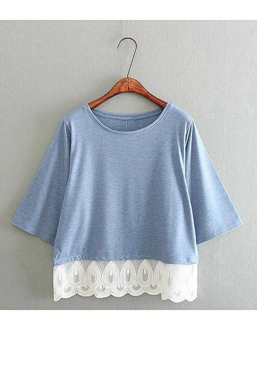 Round Neck Lace Half Sleeve Blue T-Shirts