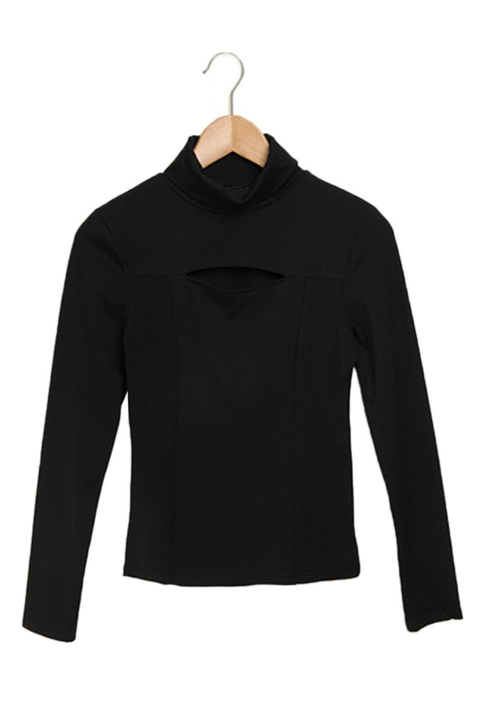 Roll Neck Cut Out Long Sleeve Black Top