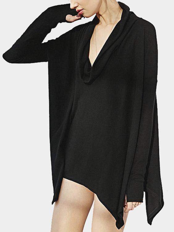 Roll Neck Long Sleeve Irregular Hem Black Top