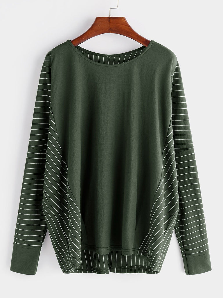Round Neck Stripe Long Sleeve Army Green T-Shirts