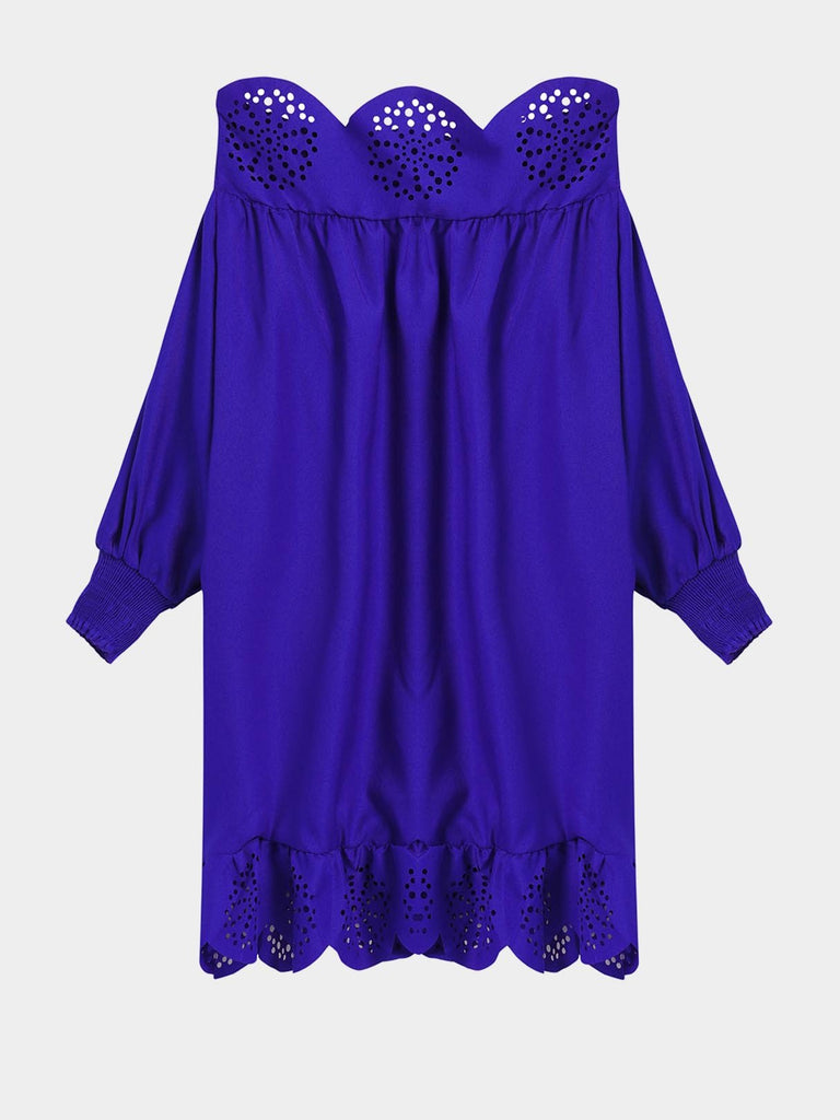 Blue Off The Shoulder 3/4 Length Sleeve Plain Lace Mini Dress