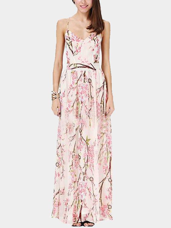 Floral Print Bohemia Plunge Thin Shoulder Straps Cross Back Maxi Dress