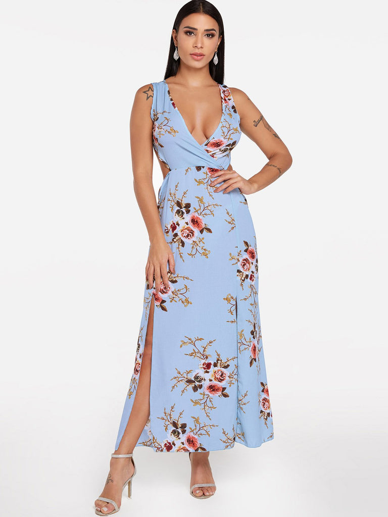 Blue Sleeveless Floral Print Backless Self-Tie Slit Hem Maxi Dress