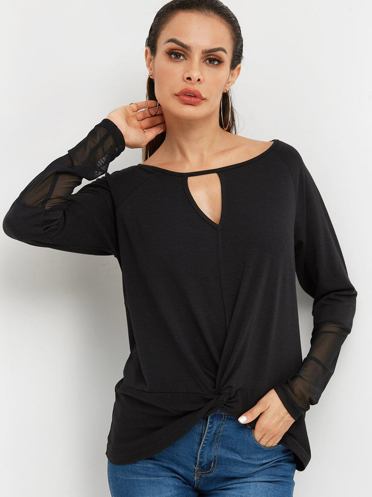 Round Neck Plain Crossed Front Hollow See Through Long Sleeve Irregular Hem Black T-Shirts