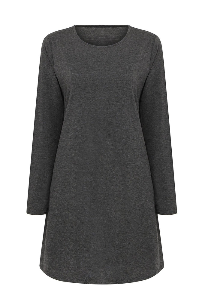 Grey Round Neck Long Sleeve Plain Curved Hem Casual Dresses
