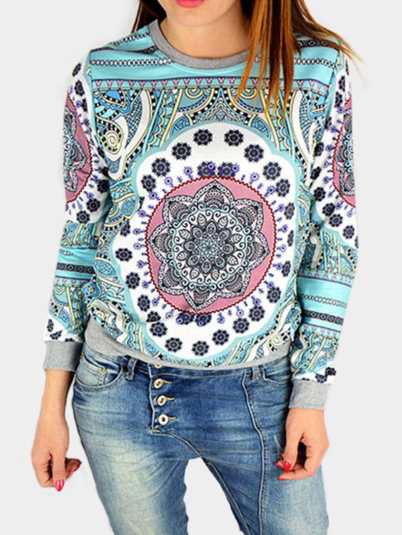 Round Neck Geometrical Long Sleeve Blue Top
