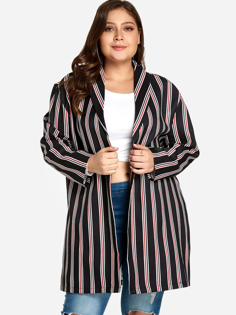 Lapel Collar Stripe Long Sleeve Oversized Coats & Jackets