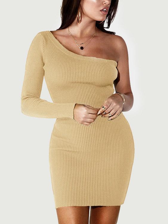 One Shoulder Plain Bodycon Hem Beige Dresses