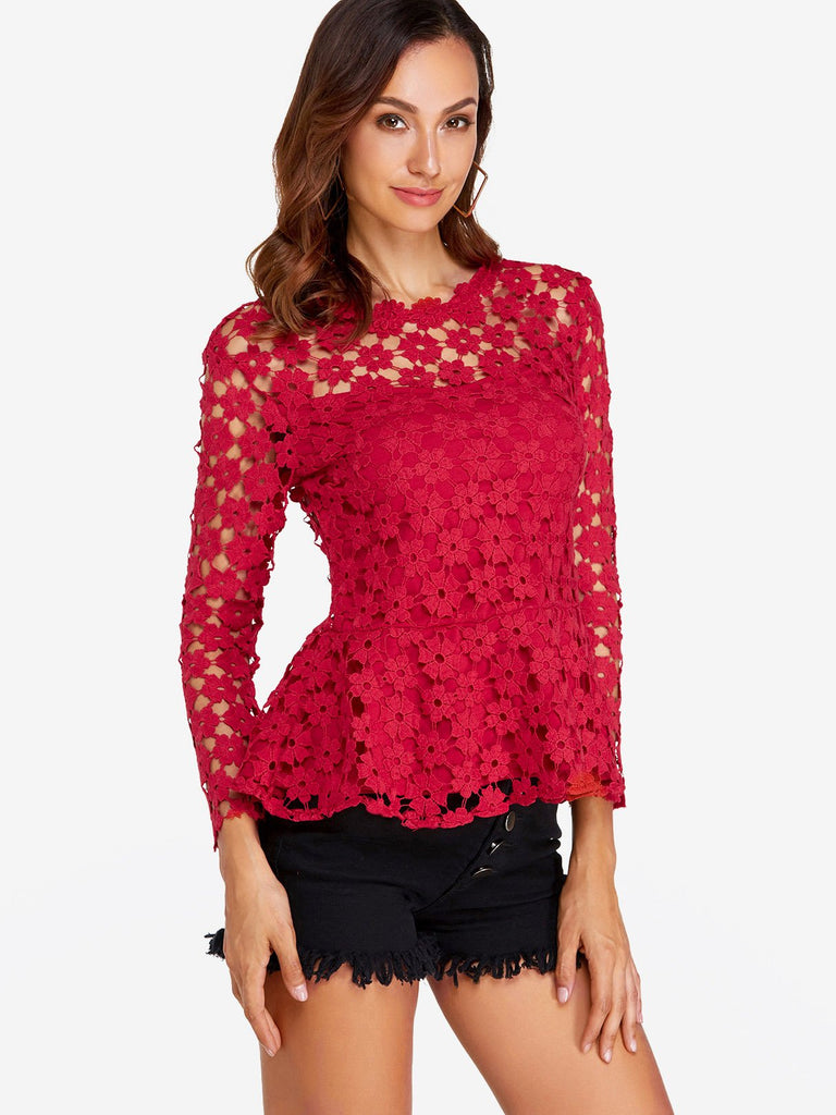 Round Neck Plain Lace Tiered Hollow Cut Out Long Sleeve Flounced Hem Red Blouses
