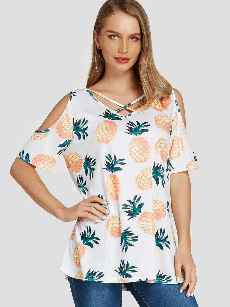 Cold Shoulder Printed Short Sleeve White T-Shirts