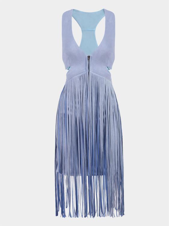 Blue V-Neck Sleeveless Tassel Cut Out Mini Dress