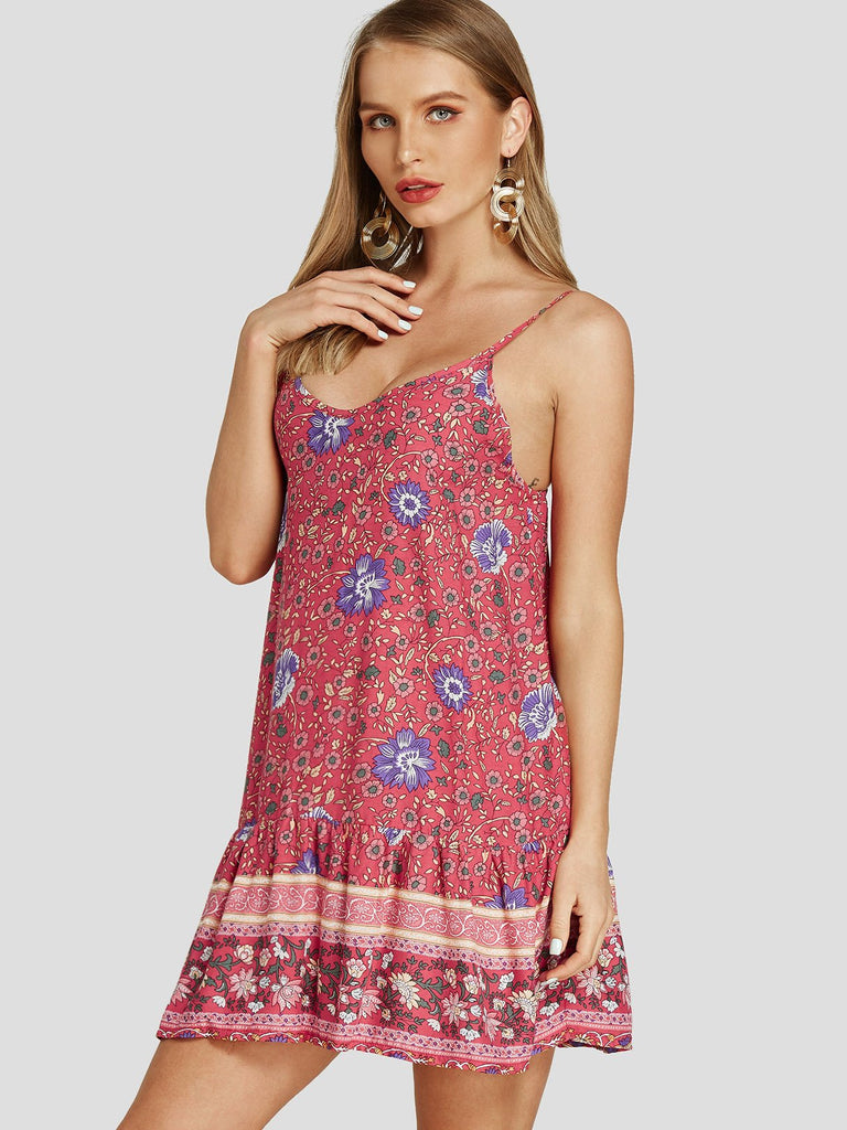 Red V-Neck Sleeveless Floral Print Backless Flounced Hem Dresses