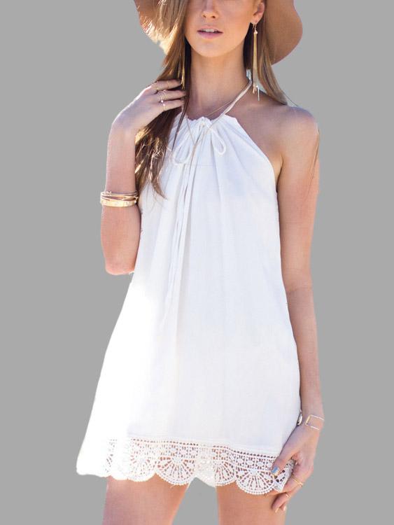 White Halter Sleeveless Crochet Lace Embellished Backless Mini Dress