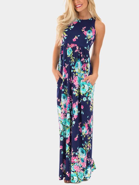 Navy Round Neck Floral Print Maxi Dress