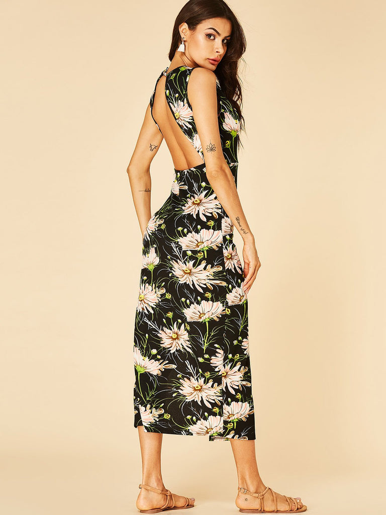 Black Crew Neck Sleeveless Floral Print Backless Cut Out Wrap Slit Hem Casual Dress