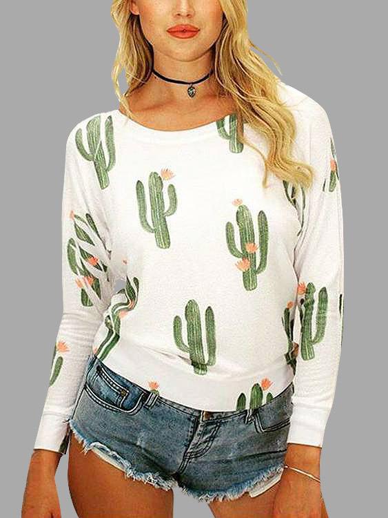 Round Neck Printed Long Sleeve White Tops
