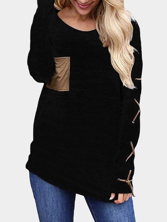 Round Neck Plain Side Pockets Lace-Up Long Sleeve Black T-Shirts