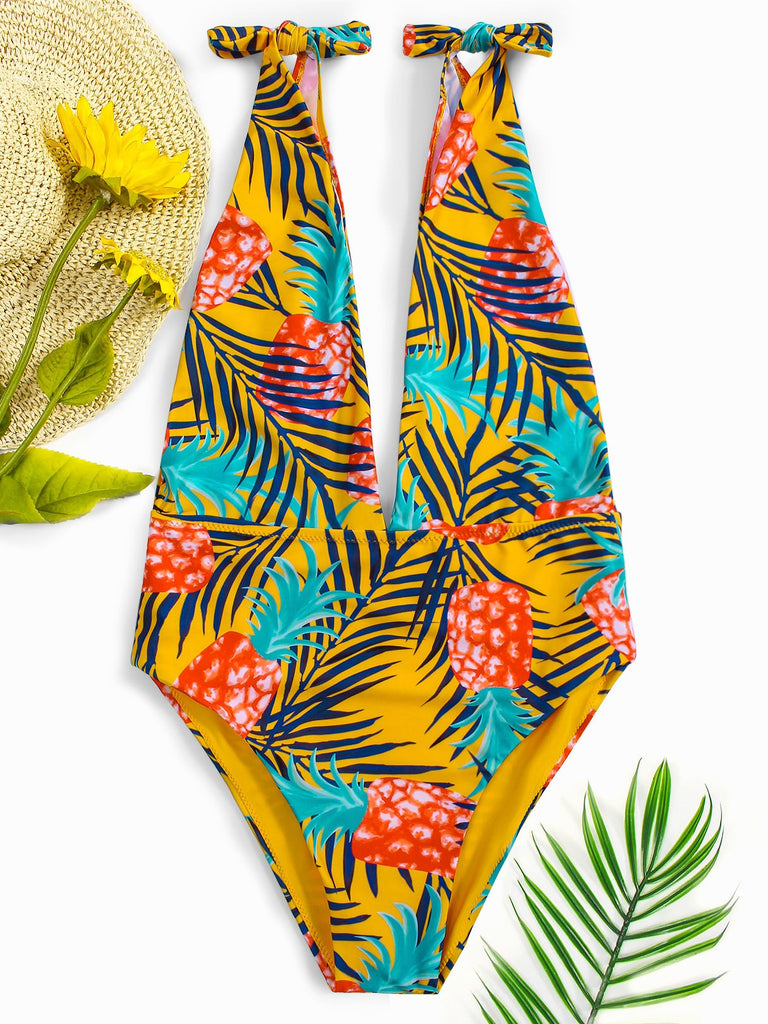 Deep V Neck Sleeveless Printed One-Pieces Swimsuits