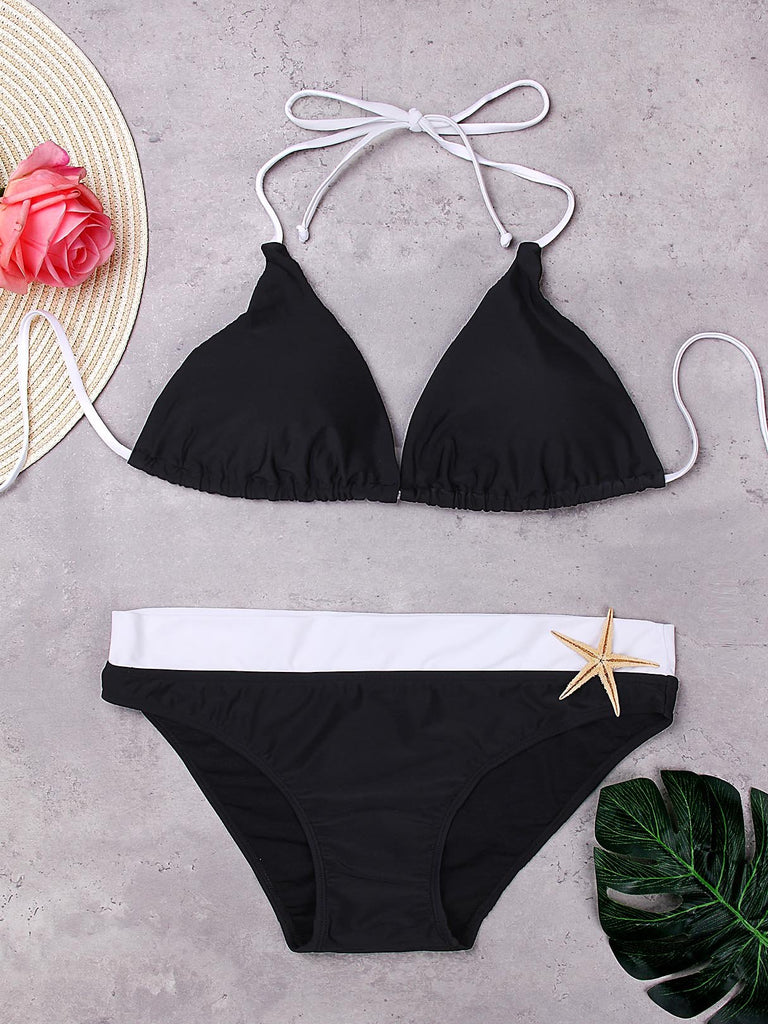Black Halter Sleeveless Stripe Two Piece Bikinis
