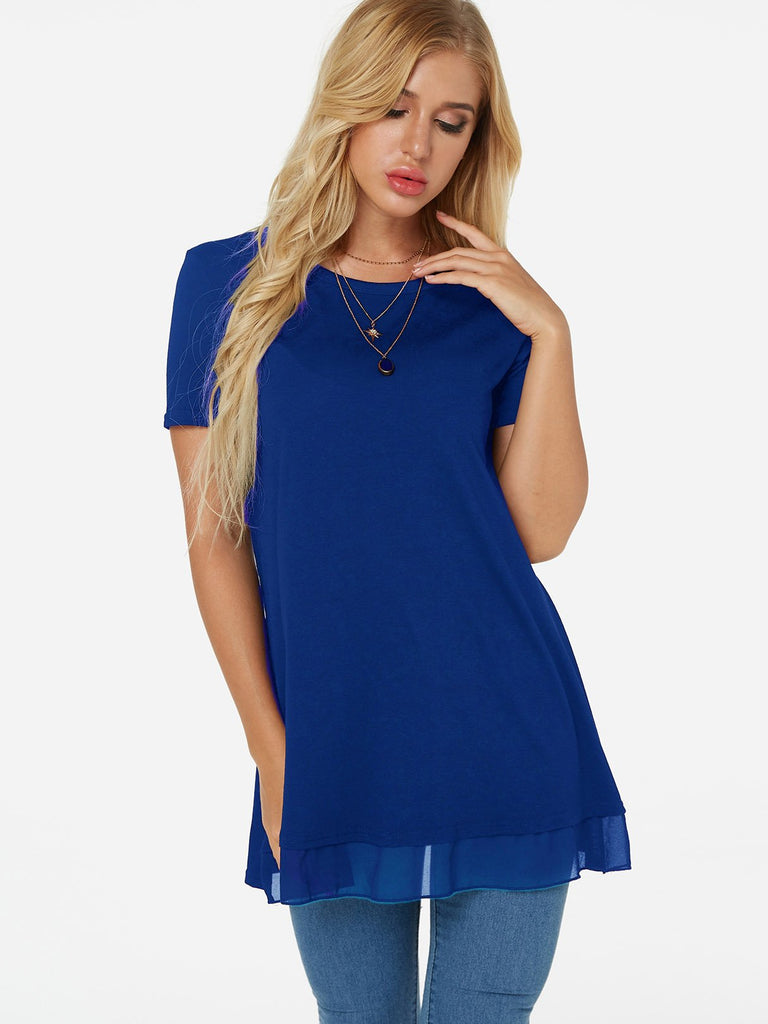 Crew Neck Plain Tiered Short Sleeve Blue T-Shirts