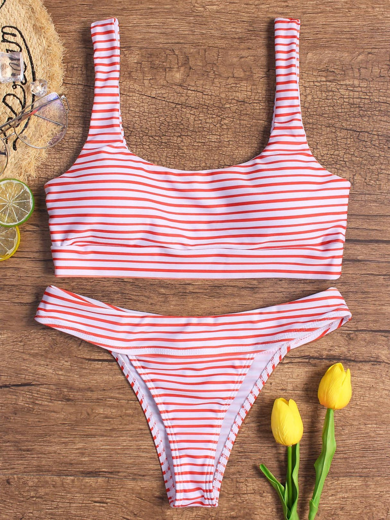 Red Sleeveless Stripe Spaghetti Strap Two Piece Bikinis